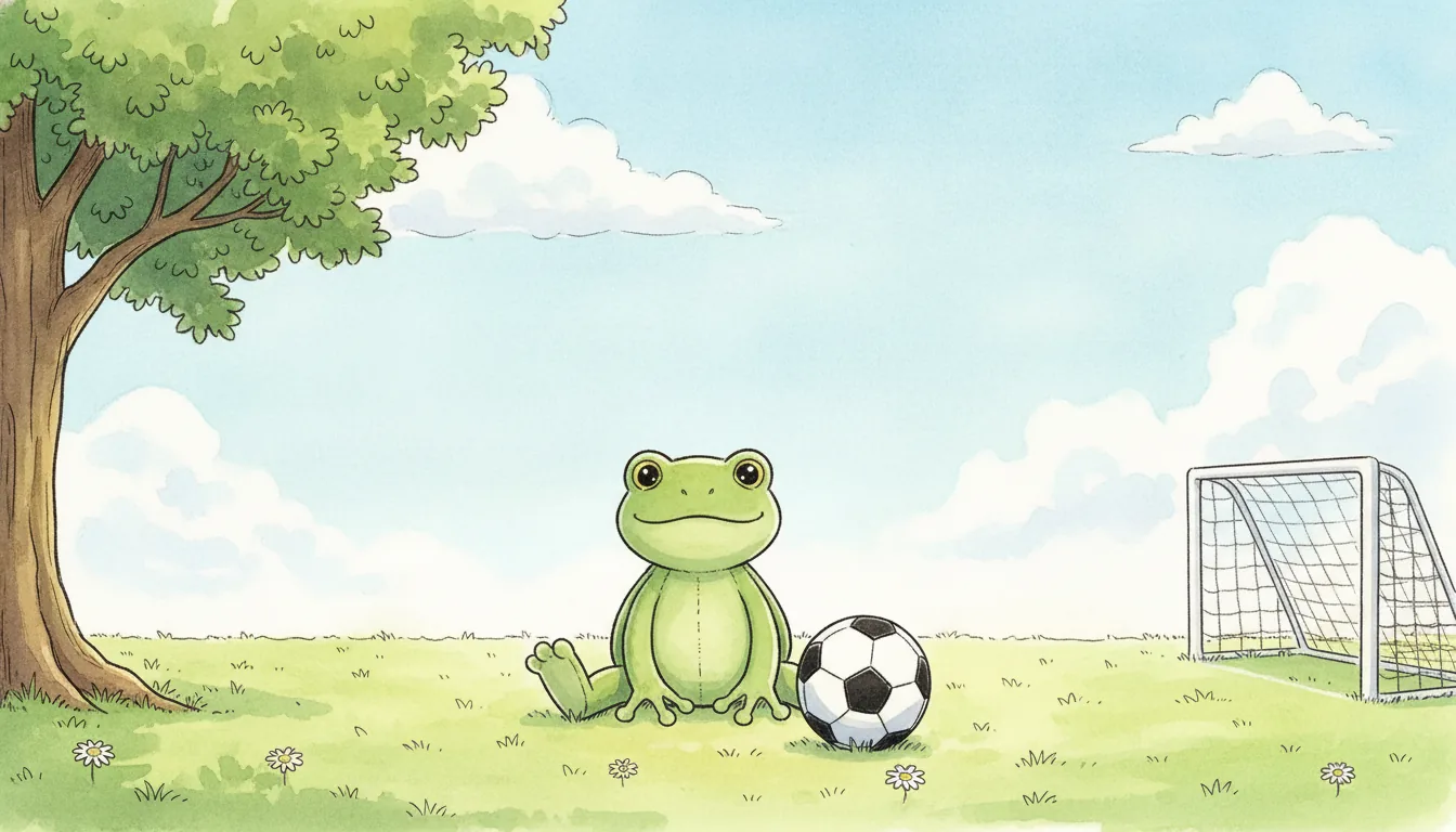 Plüsch-Frosch sitzt auf dem Rasen eines Bolzplatzes, neben ihm ein Fußball, Aquarell-Illustration