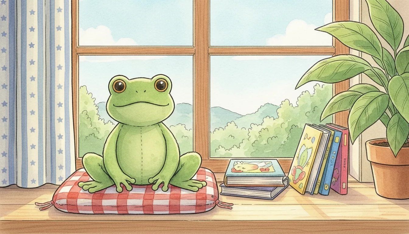 Plüsch-Frosch als Aquarell-Held auf einer breiten Fensterbank zwischen gestapelten Bilderbüchern