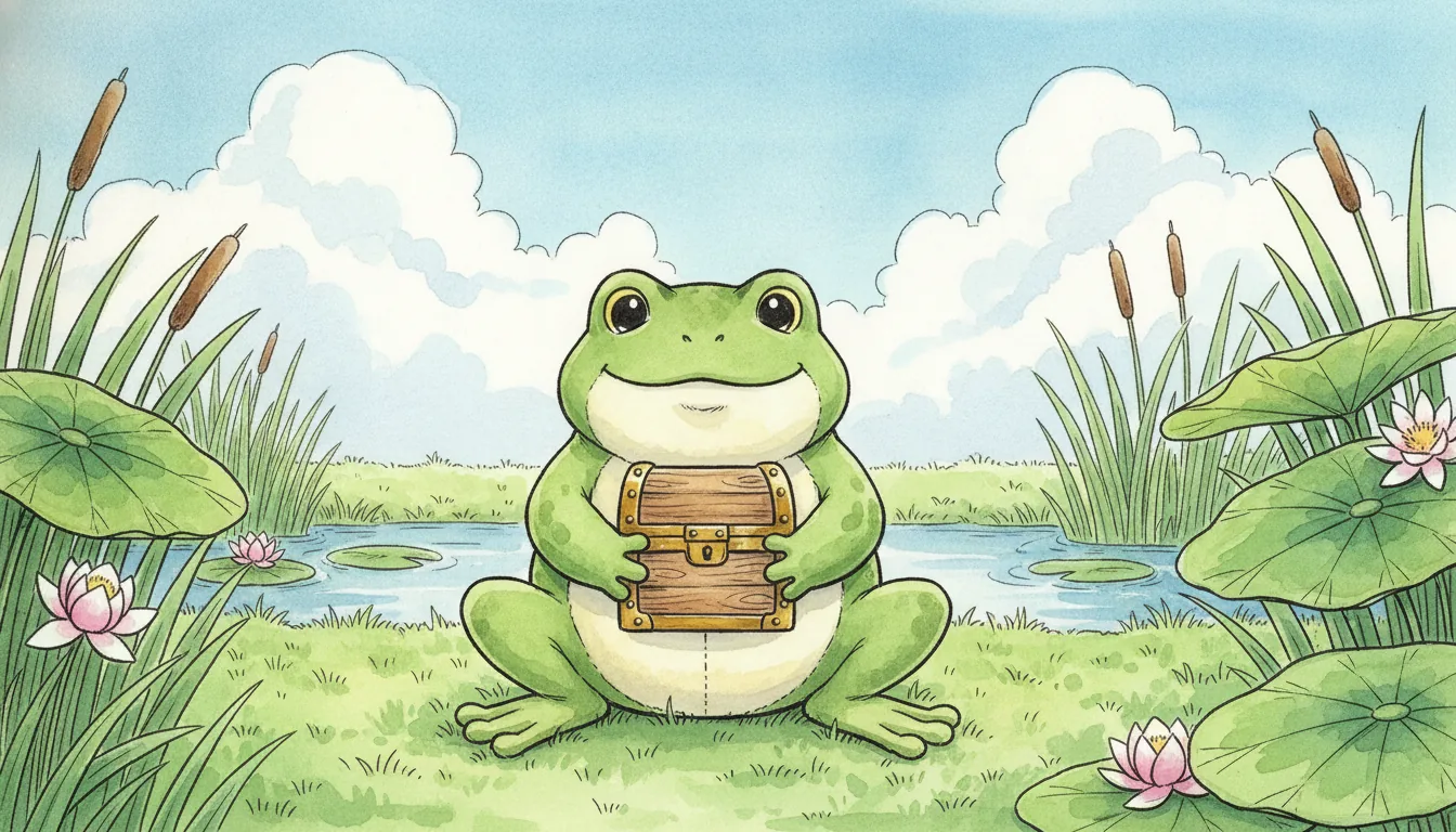 Plüsch-Frosch als Aquarell-Held mit einer kleinen Schatzkiste auf einer Wiese am Teich