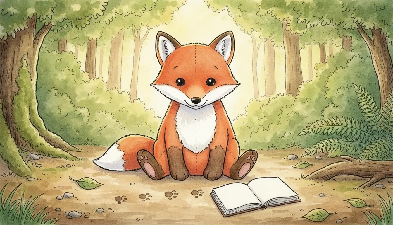 Plüsch-Fuchs sitzt auf einem sonnigen Waldweg vor einer Reihe Abdrücke in der weichen Erde, daneben ein aufgeschlagenes Notizbuch, Aquarell-Illustration