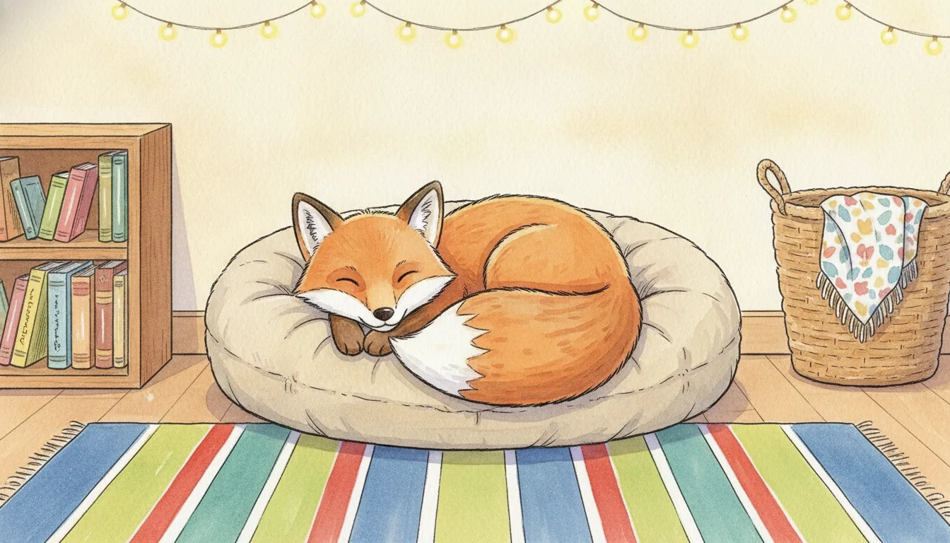 Plüsch-Fuchs liegt mit eingerolltem Schwanz in einem Kuschelnest, Aquarell-Illustration