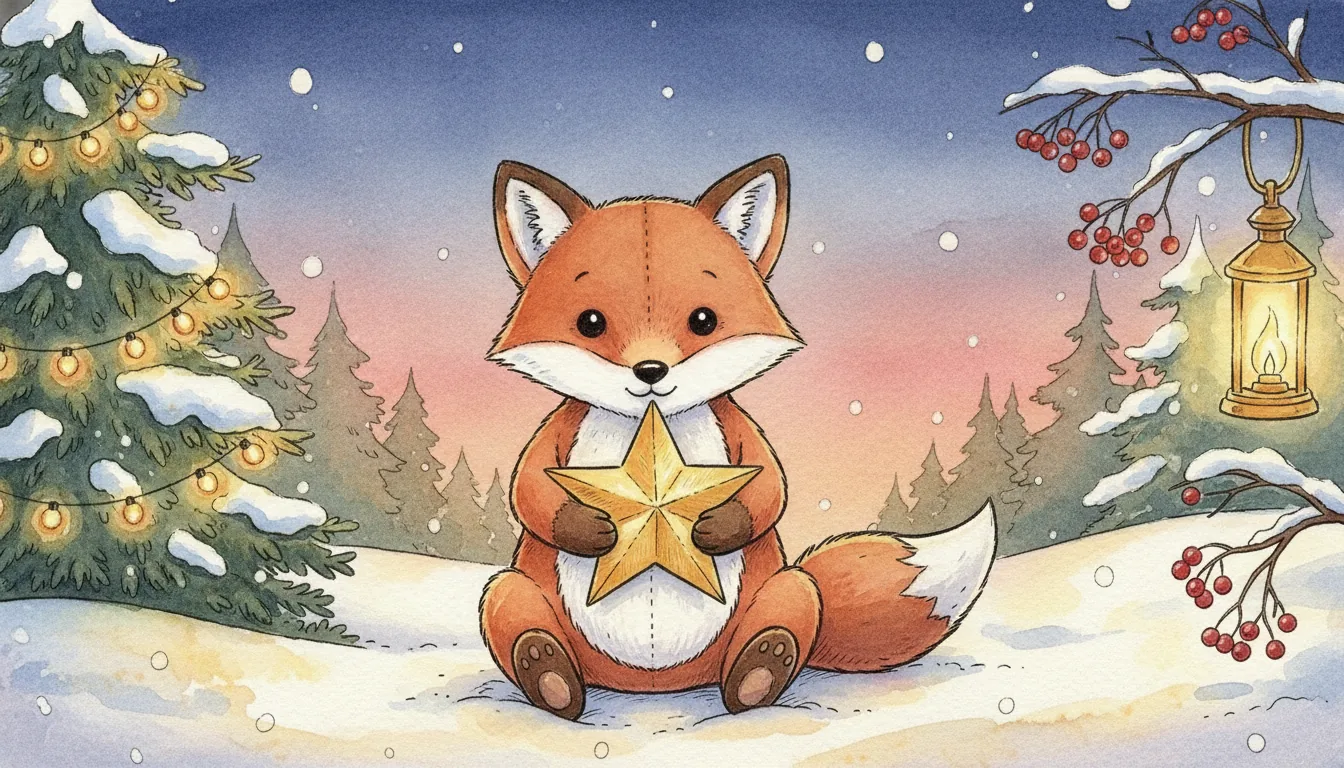 Plüsch-Fuchs sitzt im verschneiten Tannenwald und hält einen goldenen Papierstern, Aquarell-Illustration