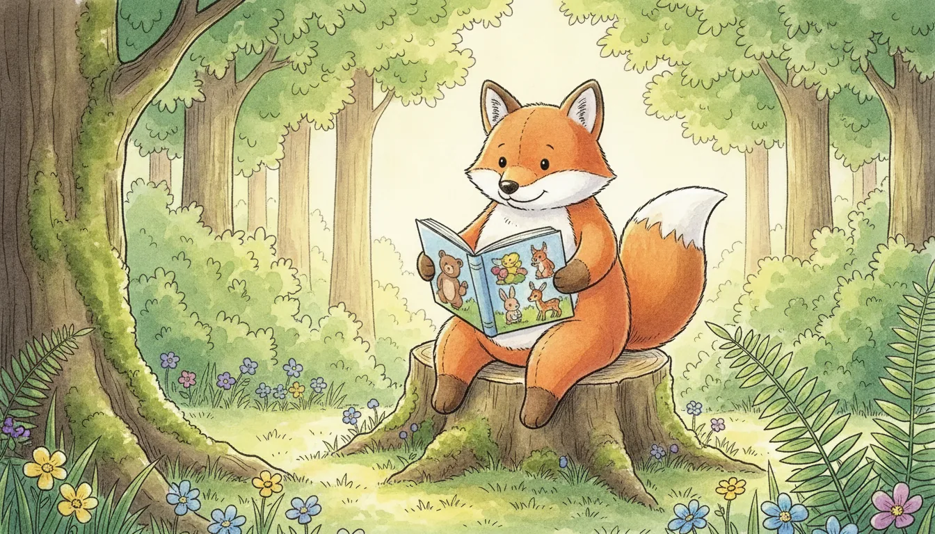 Plüsch-Fuchs als Aquarell-Held mit einem Bilderbuch auf einer sonnigen Waldlichtung