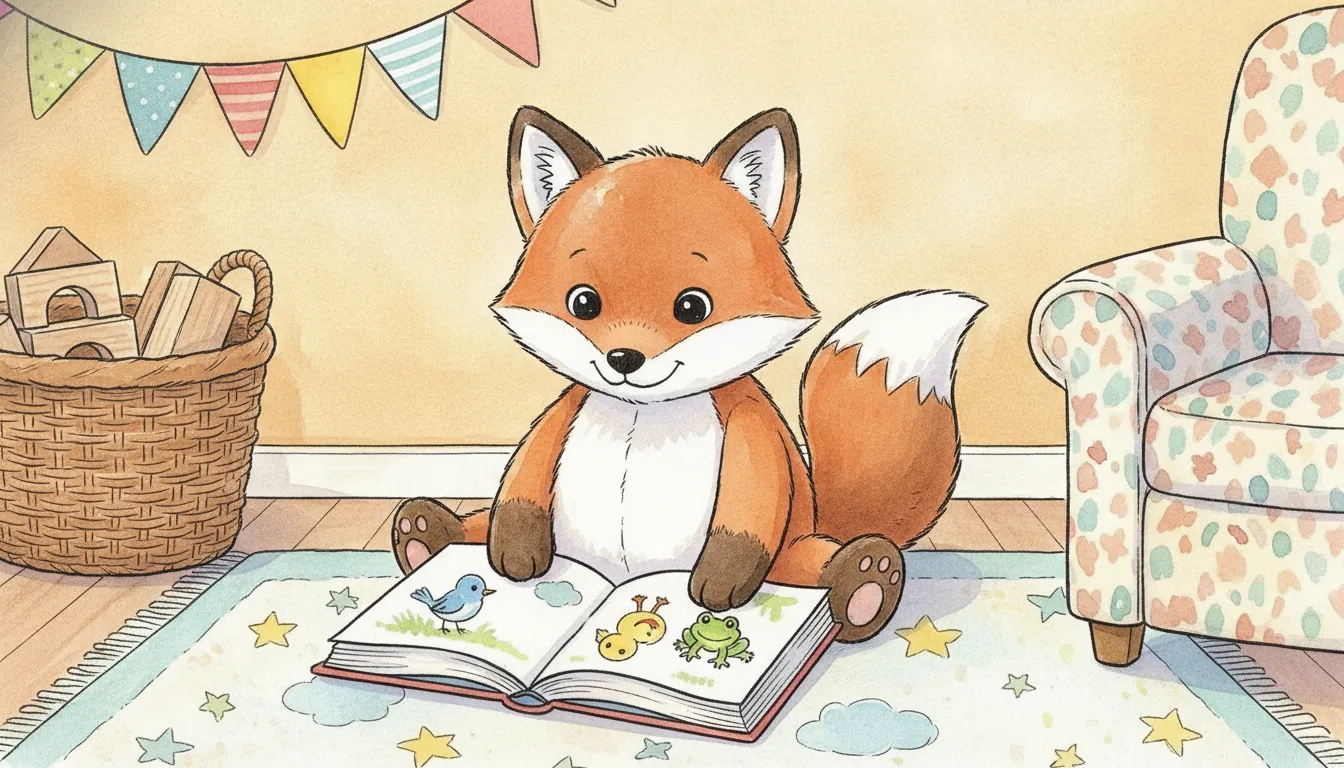 Plüsch-Fuchs sitzt vor einem Bilderbuch auf dem Spielteppich, Aquarell-Illustration