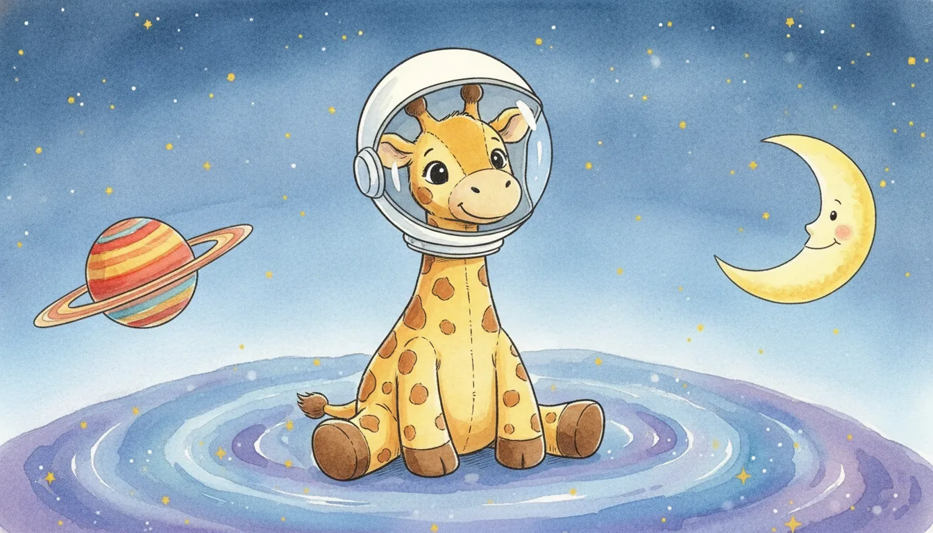 Plüsch-Giraffe im Astronautenhelm sitzt vor einem warmen Sternenhimmel mit lächelndem Mond, Aquarell-Illustration