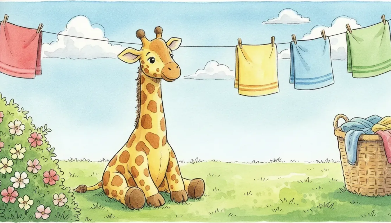 Plüsch-Giraffe als Aquarell-Held sitzend im Gras unter einer sonnigen Wäscheleine