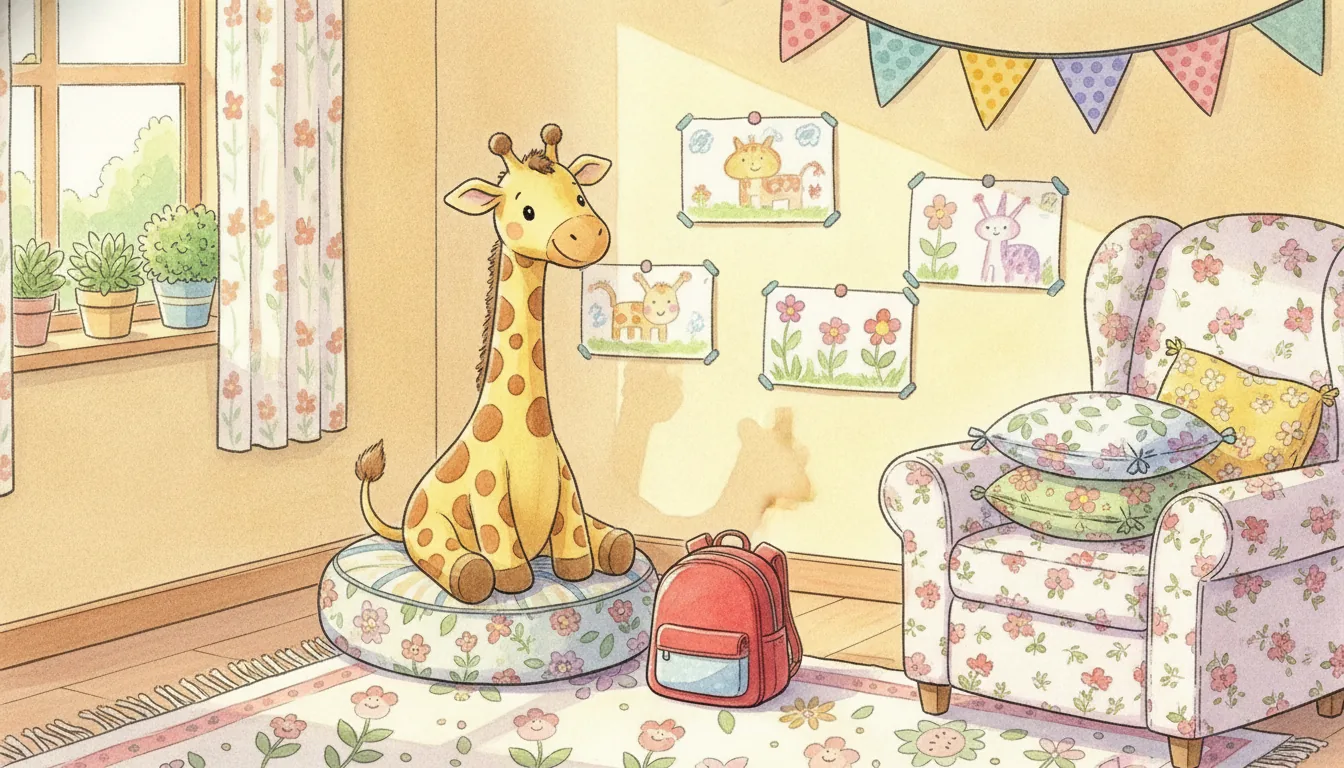 Plüsch-Giraffe sitzt mit einem Schulranzen in einer sonnigen Kinderzimmerecke, Aquarell-Illustration