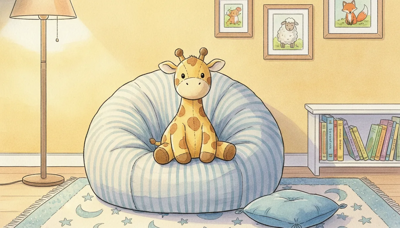 Plüsch-Giraffe sitzt in einer gemütlichen Leseecke mit warmer Lampe, Aquarell-Illustration