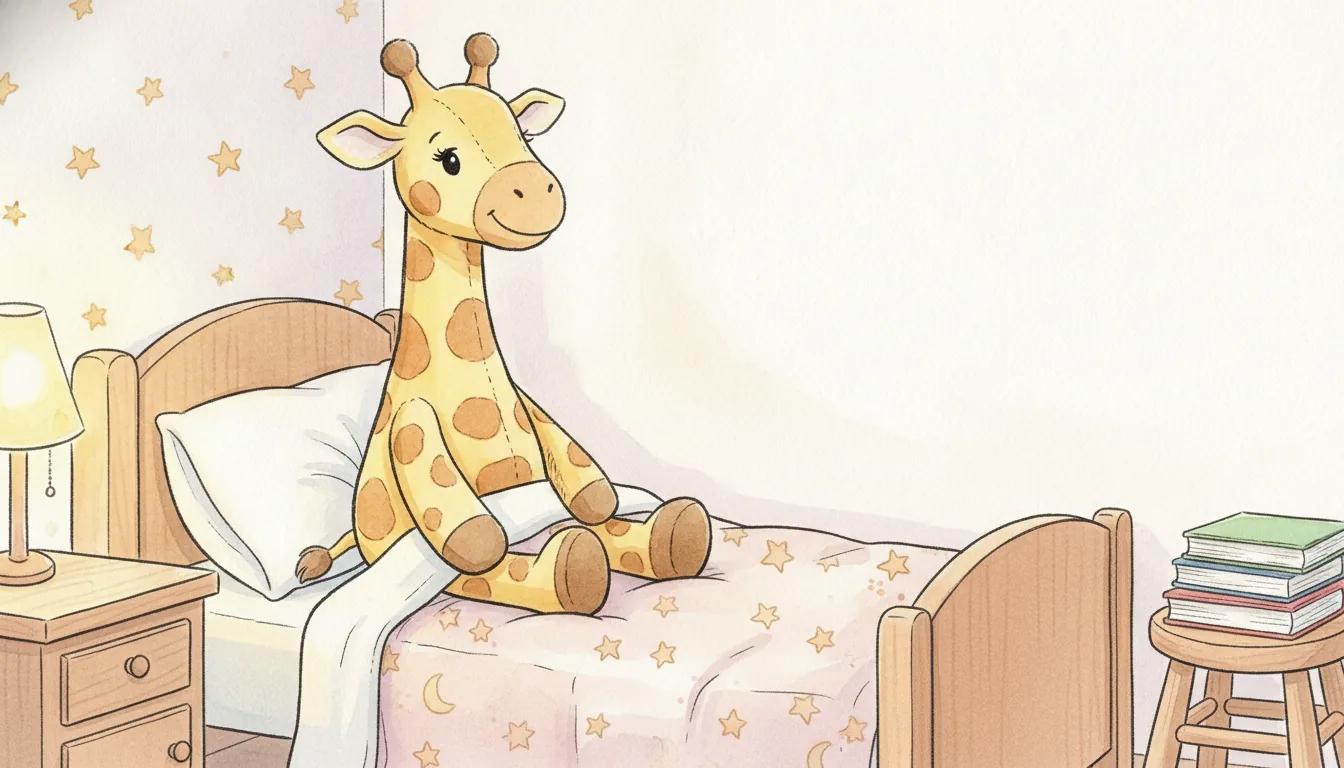 Plüsch-Giraffe sitzt aufrecht und zufrieden in einem gemütlichen Kinderbett, Aquarell-Illustration