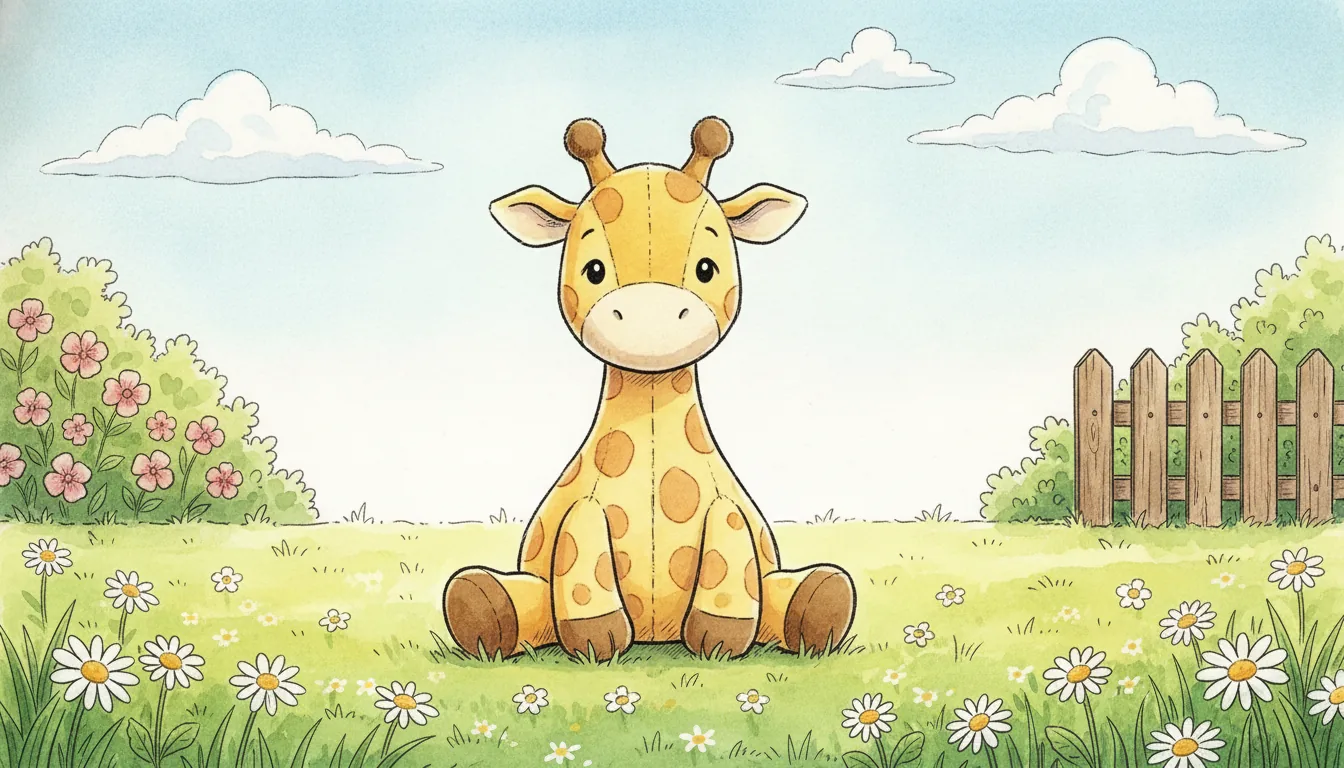 Plüsch-Giraffe als Aquarell-Held sitzend auf einer sonnigen Wiese