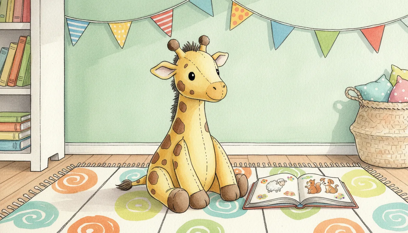 Plüsch-Giraffe sitzt auf einem gemusterten Teppich in einem hellen Kinderzimmer neben einem aufgeschlagenen Bilderbuch, Aquarell-Illustration