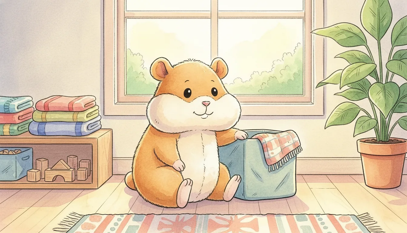 Plüsch-Hamster als Aquarell-Held neben einer Kiste mit weggeräumten Sachen am hellen Morgen