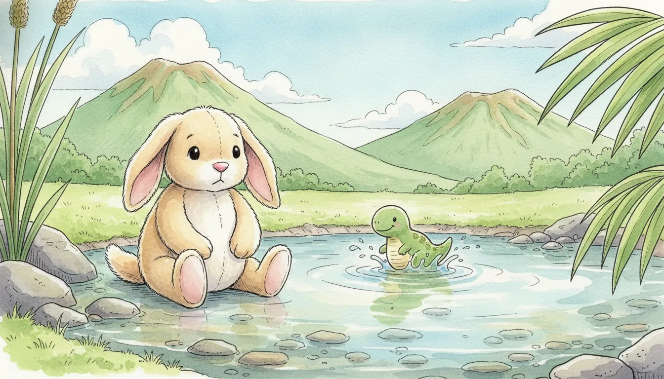 Plüsch-Hase sitzt am Ufer eines Urzeittümpels zwischen Palmwedeln, Aquarell-Illustration