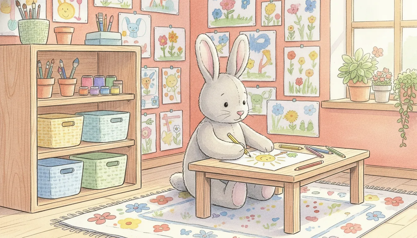 Plüsch-Hase sitzt an einem kleinen Maltisch und malt mit Buntstiften, Aquarell-Illustration
