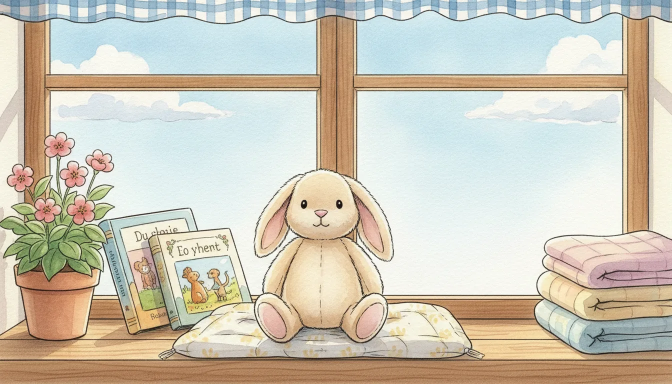 Plüsch-Hase sitzt als Aquarell-Held auf einer Fensterbank neben Bilderbüchern