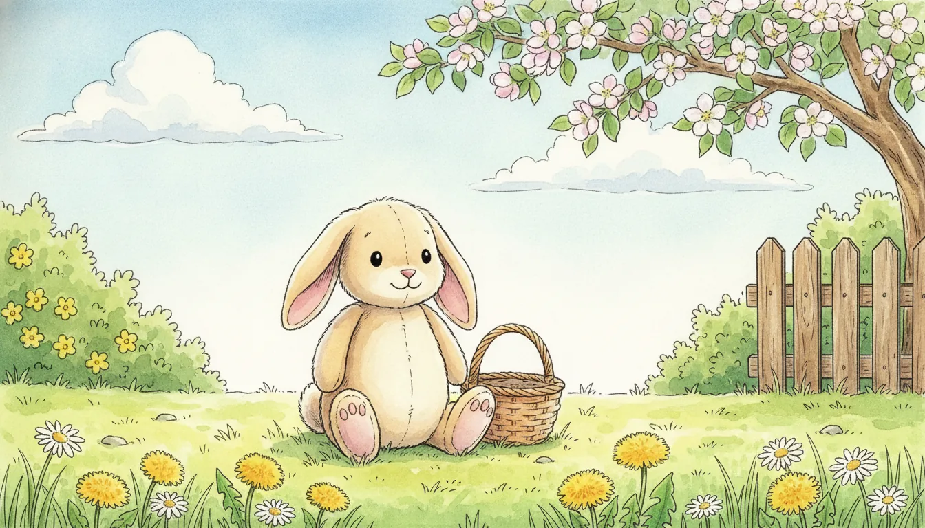 Plüsch-Hase sitzt mit einem Weidenkorb auf einer Frühlingswiese, Aquarell-Illustration