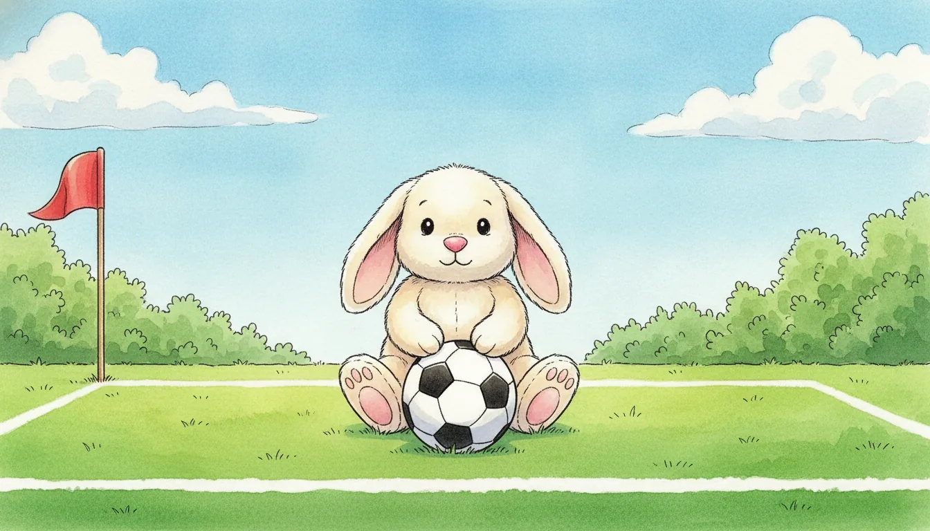 Plüsch-Hase sitzt neben einer roten Eckfahne auf dem Spielfeld, vor ihm ein Fußball, Aquarell-Illustration