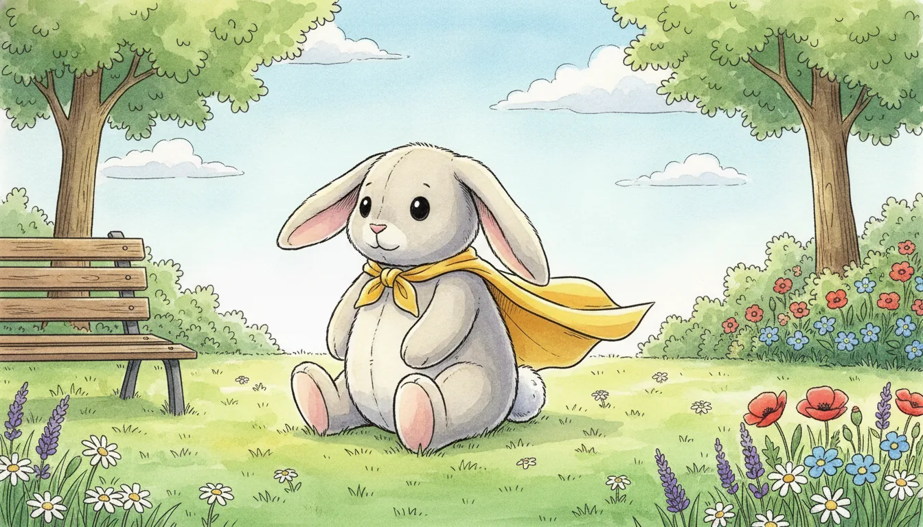 Plüsch-Hase mit einfarbig sonnengelbem Stoffumhang sitzt auf einer sonnigen Wiese im Stadtpark, Aquarell-Illustration