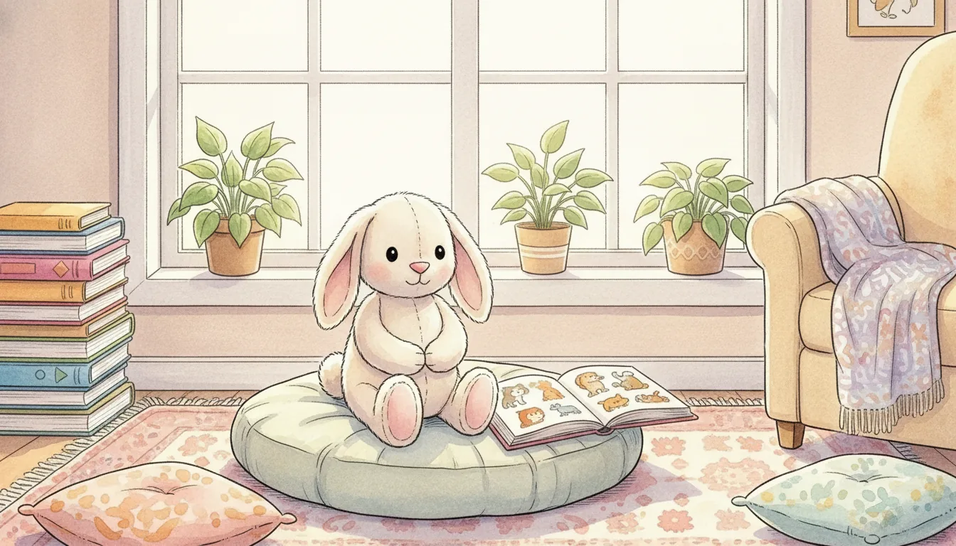 Plüsch-Hase sitzt in einer gemütlichen Leseecke mit Kissen am Fenster, Aquarell-Illustration