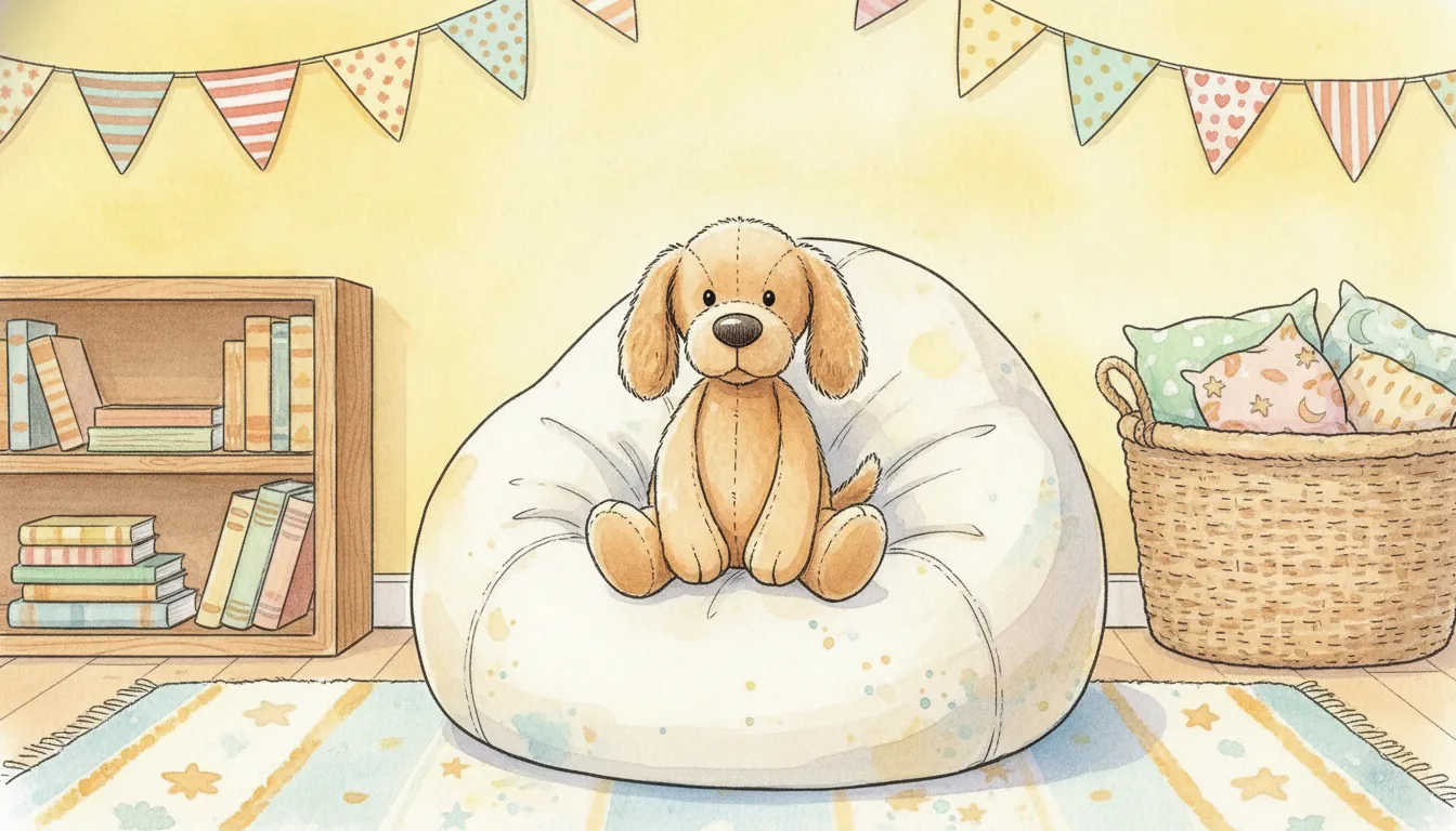 Plüsch-Hund sitzt auf einem großen Sitzsack in einem hellen Kinderzimmer, Aquarell-Illustration