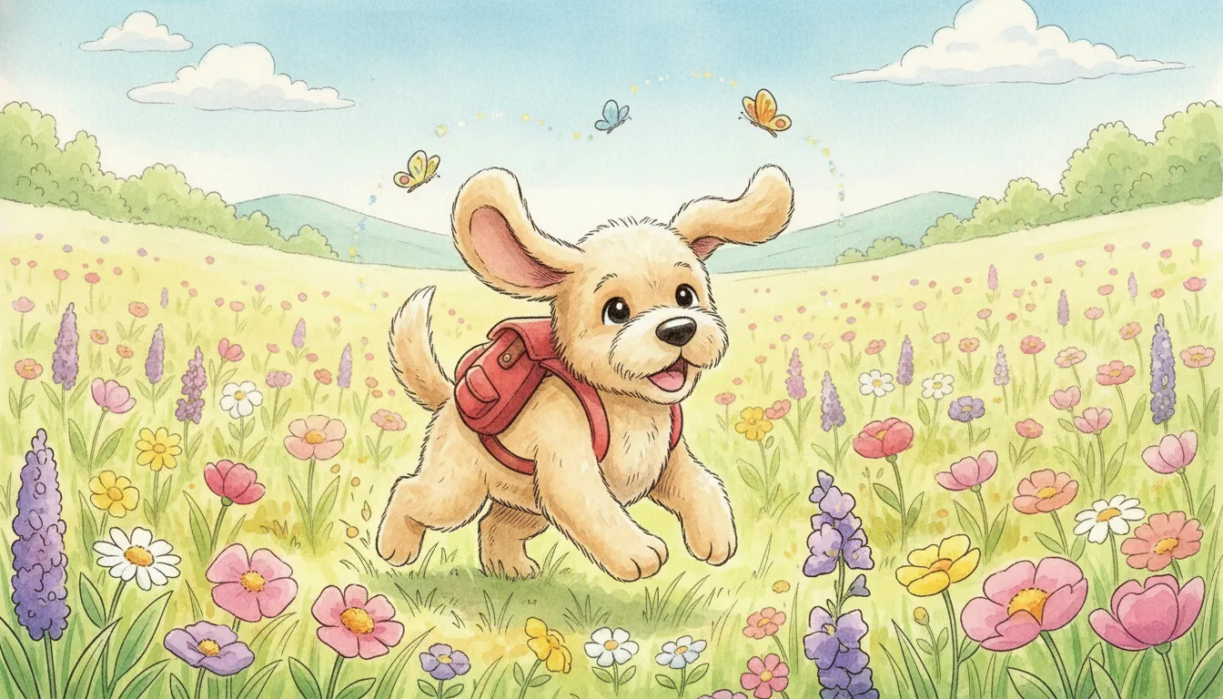 Kuschelhund als Aquarell-Held auf einer kleinen Abenteuerreise über eine Blumenwiese