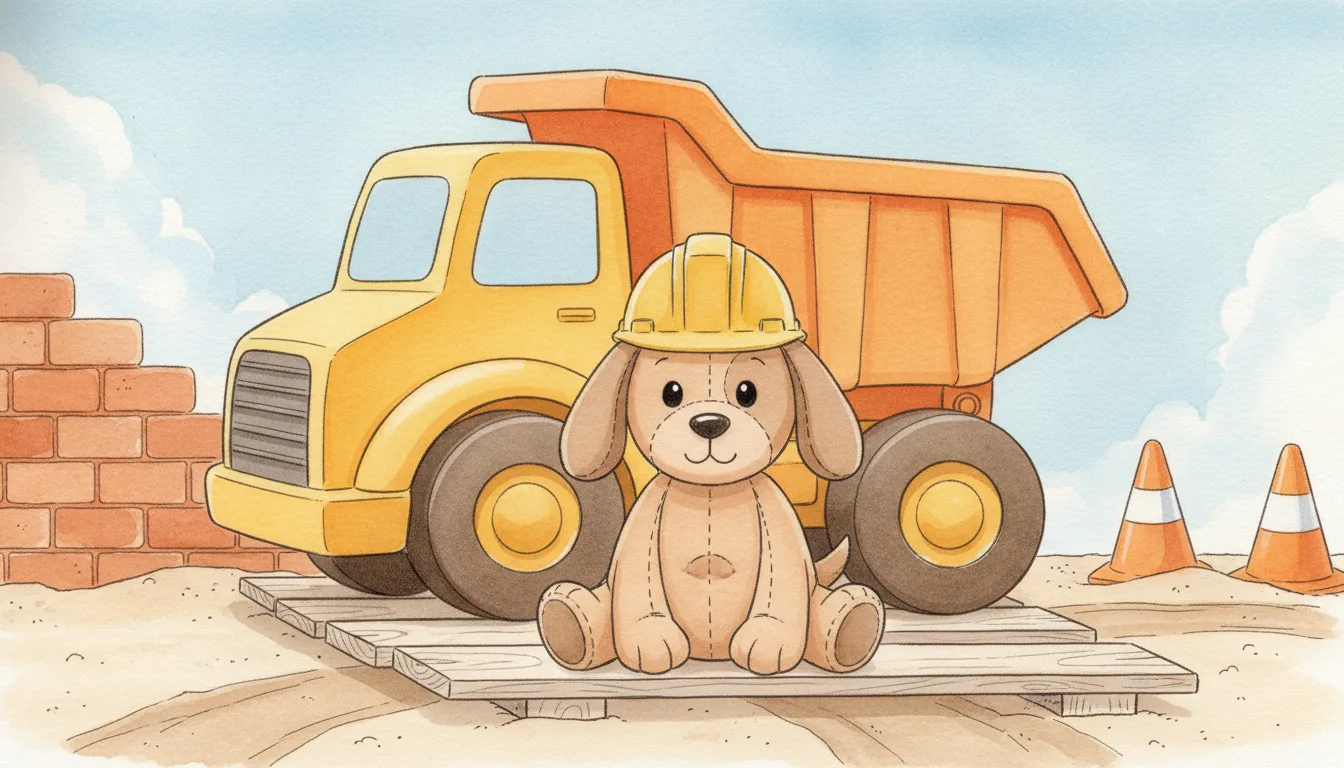 Plüsch-Hund mit gelbem Bauhelm sitzt auf einem Stapel Holzbretter neben einem gelben Kipplaster, Aquarell-Illustration