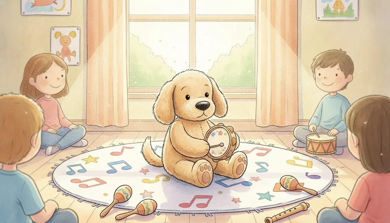 Kuschelhund sitzt im Morgenkreis im Kindergarten, Aquarell-Illustration