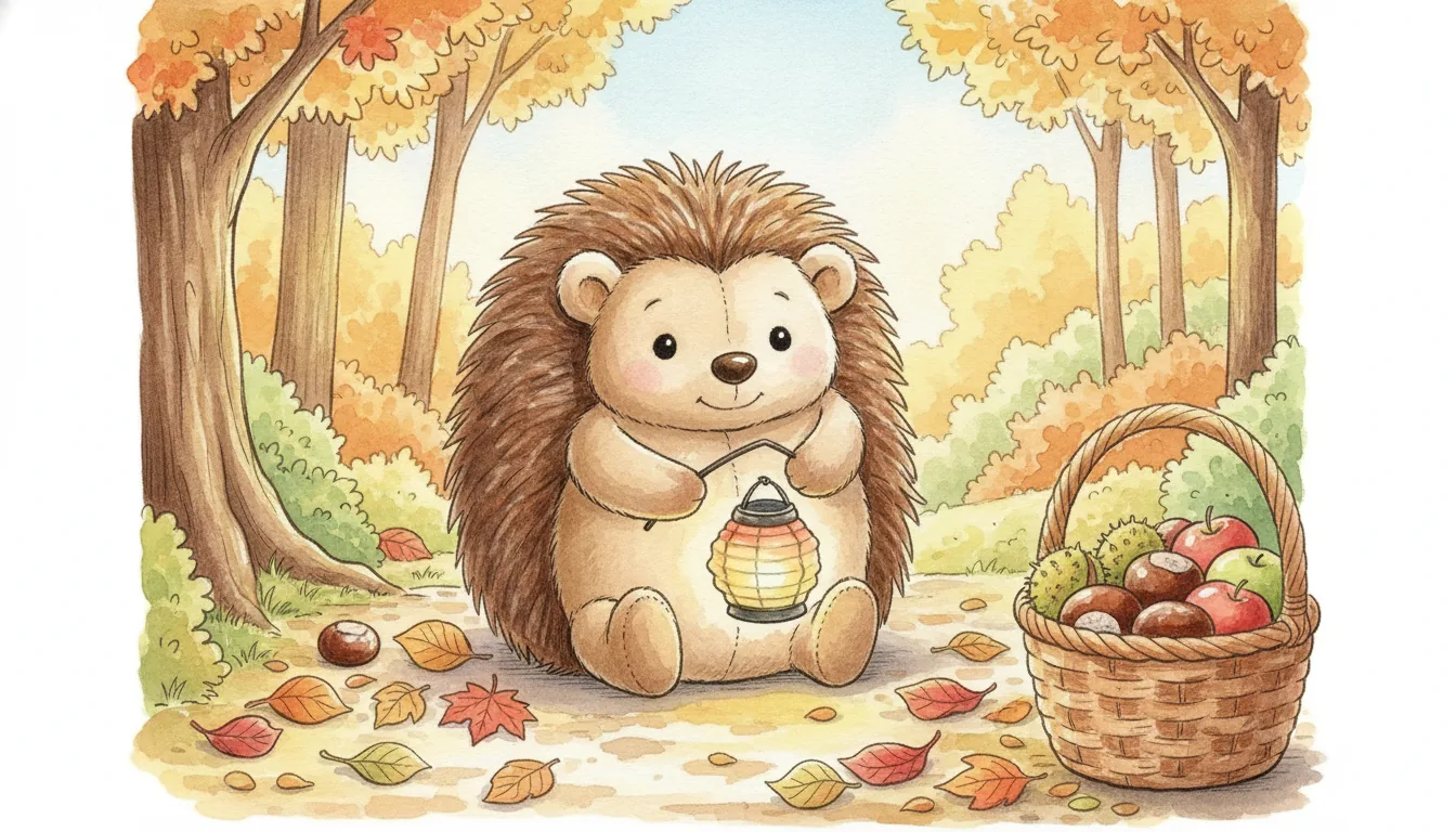Plüsch-Igel sitzt mit einer Laterne auf einem Waldweg, Aquarell-Illustration