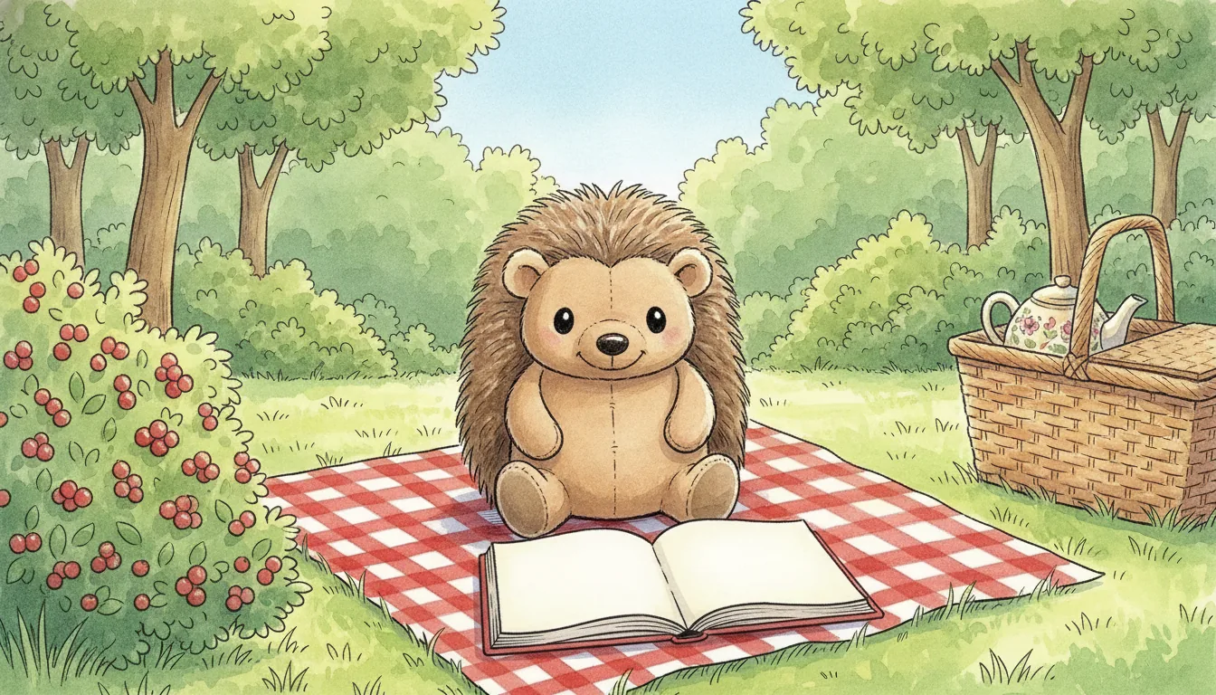 Plüsch-Igel sitzt auf einer Picknickdecke im Garten vor einem aufgeschlagenen Buch mit leeren Seiten, Aquarell-Illustration