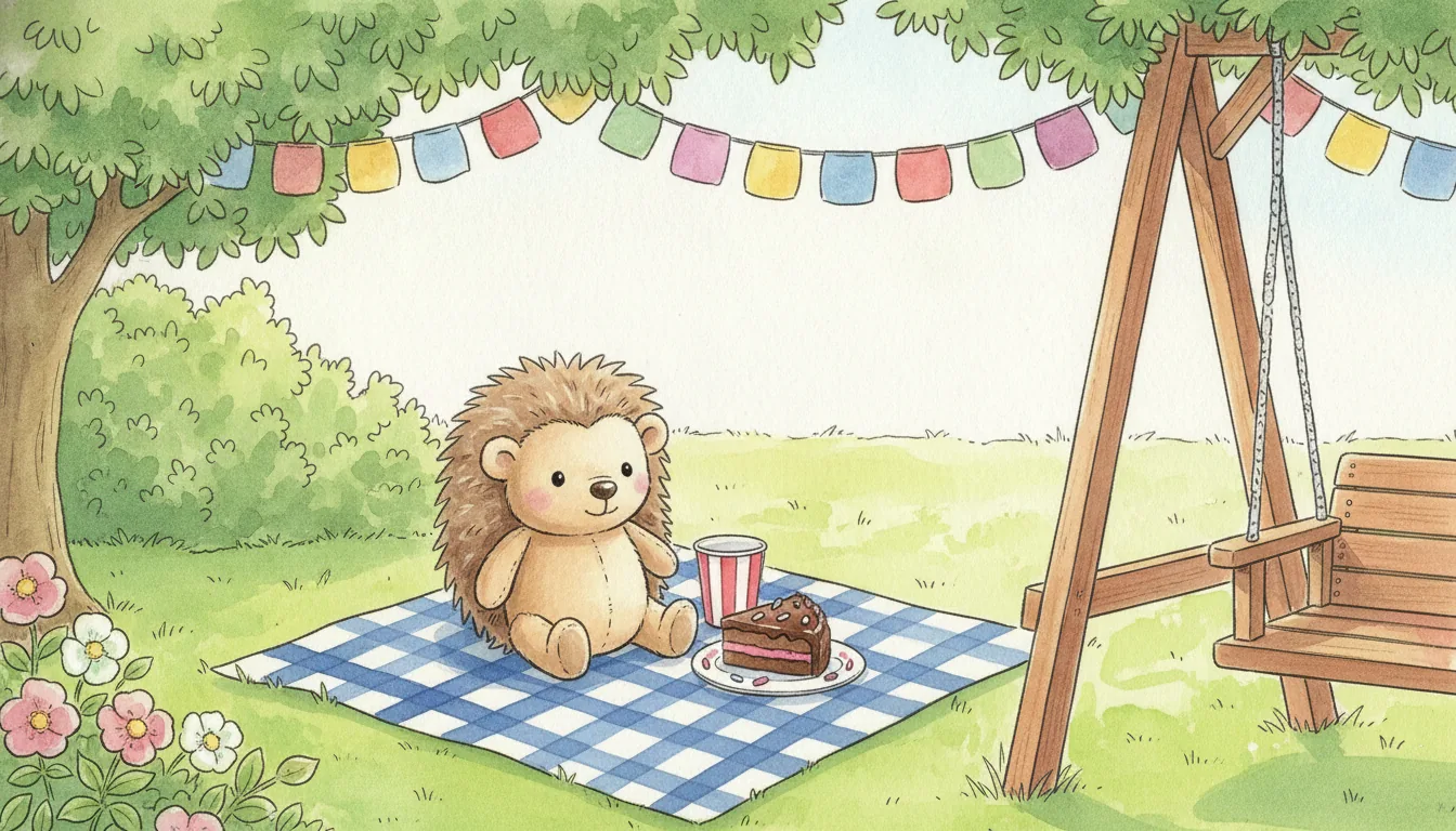 Plüsch-Igel sitzt beim Abschiedsfest im Kita-Garten, Aquarell-Illustration