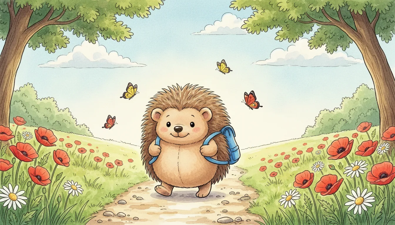 Plüsch-Igel läuft mit einem Schulranzen über einen sonnigen Weg, Aquarell-Illustration