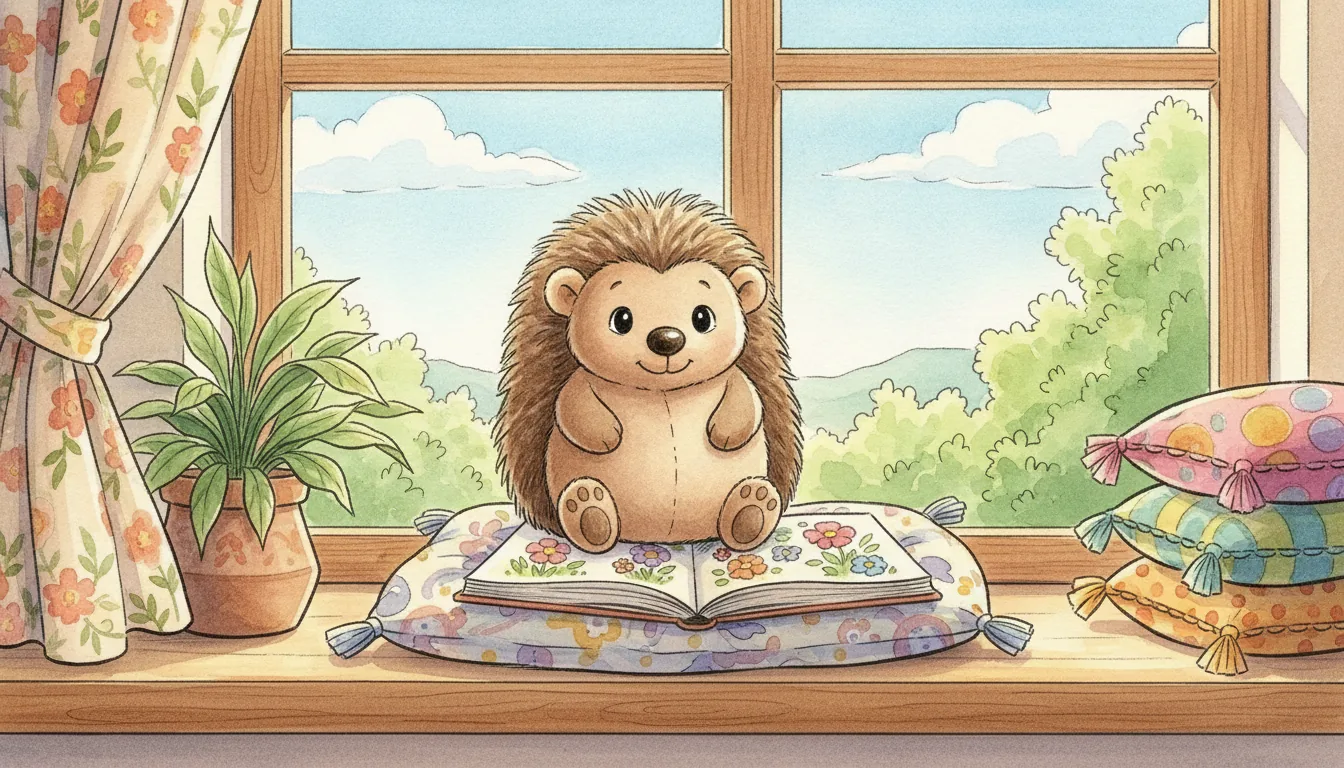 Plüsch-Igel als Aquarell-Held sitzt auf einer sonnigen Fensterbank vor einem aufgeschlagenen Bilderbuch