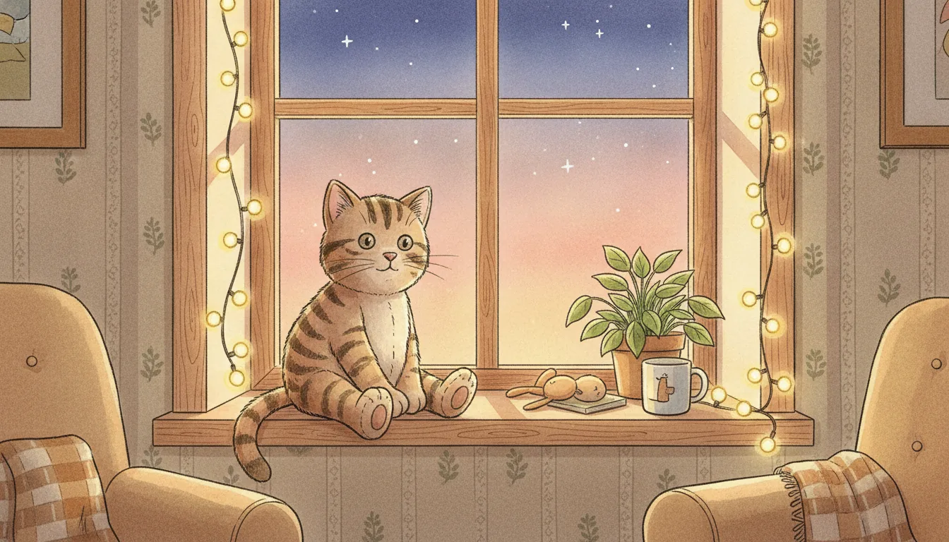 Stoffkatze als Aquarell-Held auf einer Fensterbank mit Sternenhimmel