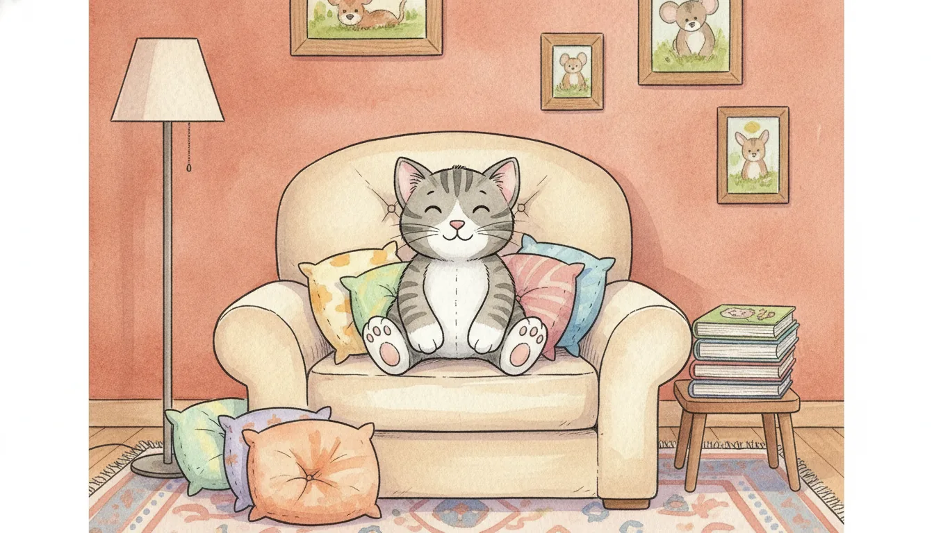 Getigerte Plüsch-Katze sitzt in einem Sessel in der Leseecke, Aquarell-Illustration