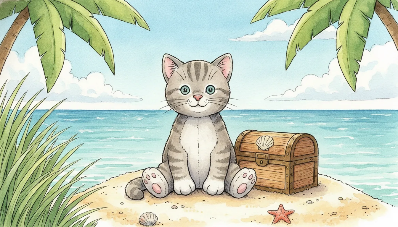 Plüsch-Katze sitzt am Strand einer Palmeninsel neben einer hölzernen Schatztruhe, Aquarell-Illustration