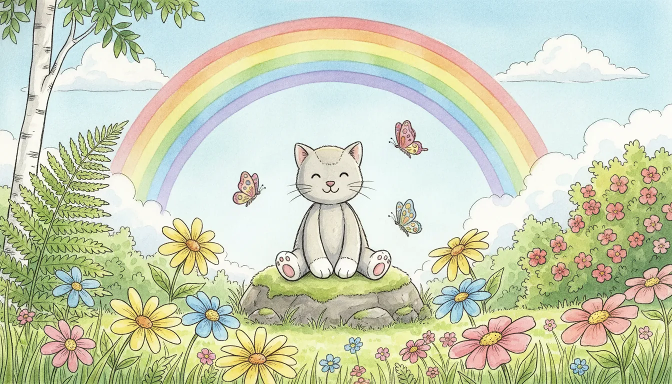Plüsch-Katze sitzt auf einem moosbewachsenen Stein zwischen leuchtenden Blumen und Schmetterlingen, Aquarell-Illustration