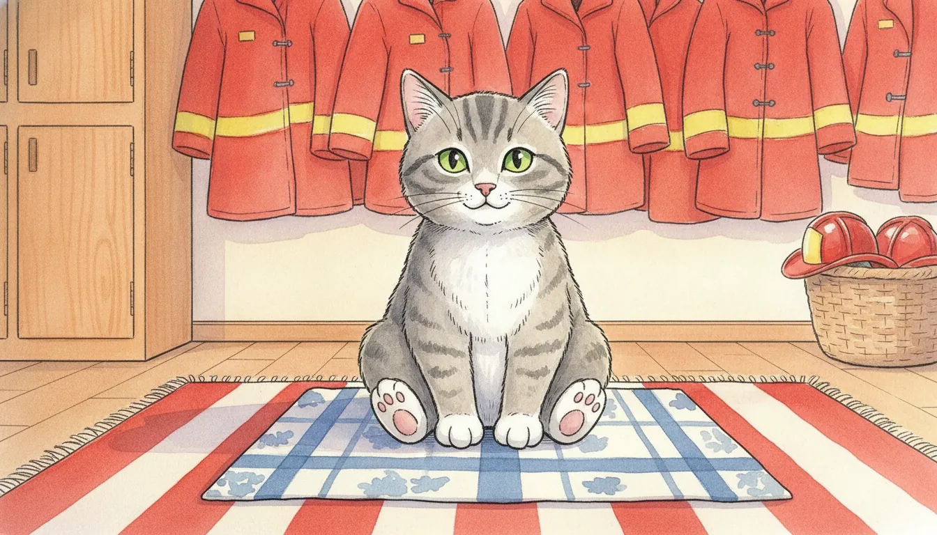 Plüsch-Katze sitzt auf einer gefalteten Decke in einer hellen Feuerwache, Aquarell-Illustration