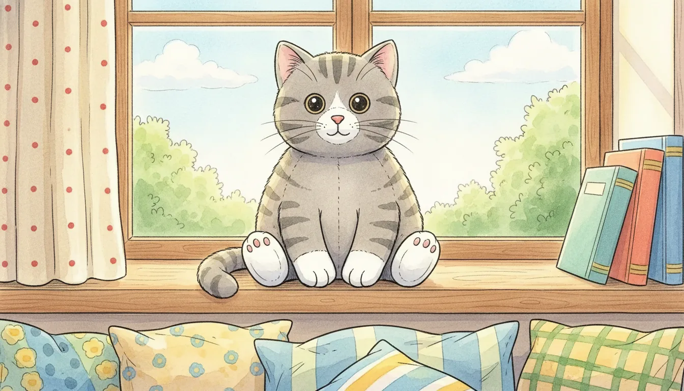 Getigerte Plüsch-Katze sitzt auf einer Fensterbank zwischen Kissen und Bilderbüchern, Aquarell-Illustration