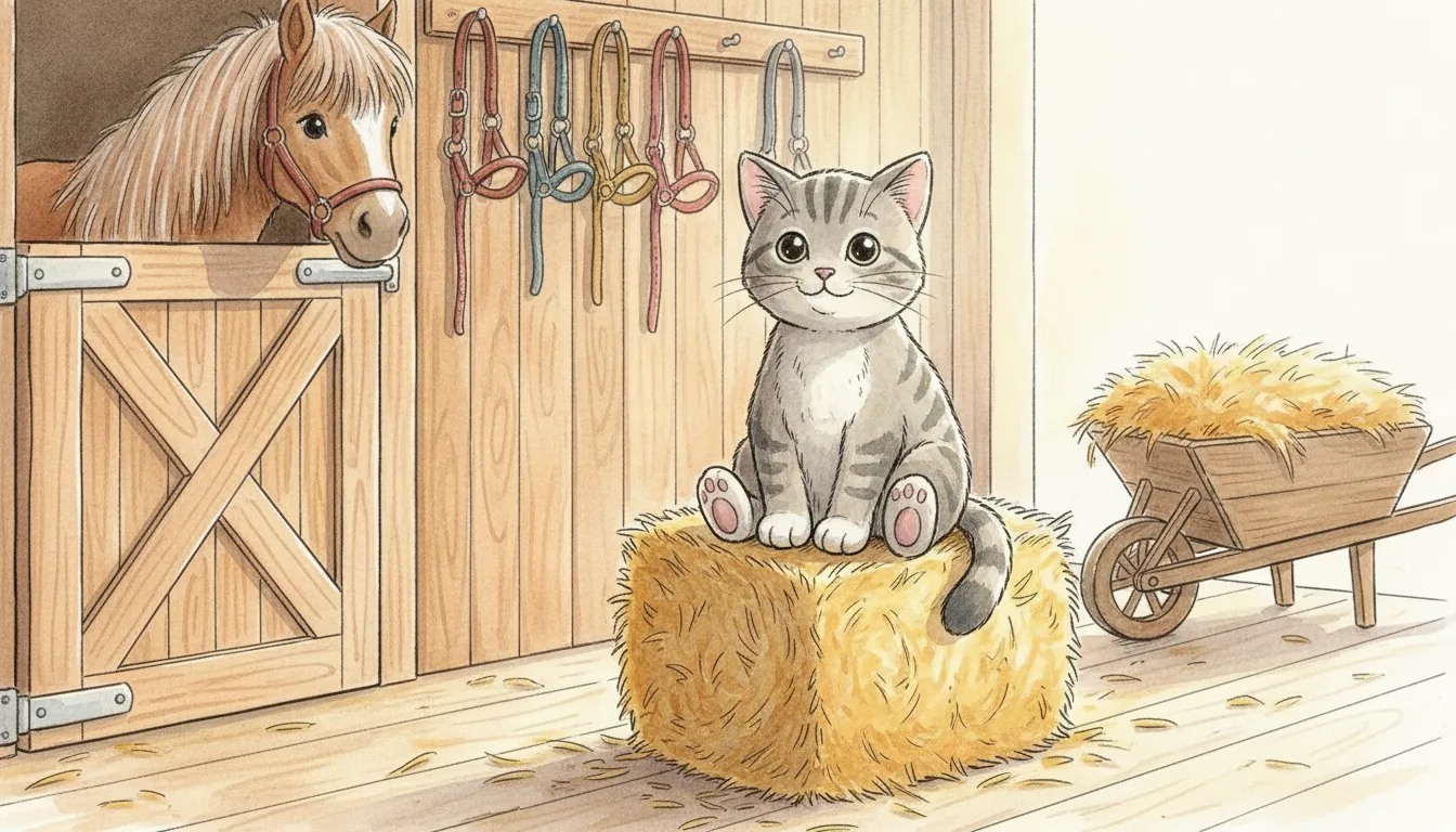 Plüsch-Katze sitzt auf einem Strohballen in der Stallgasse, ein Pony schaut über die Boxentür, Aquarell-Illustration