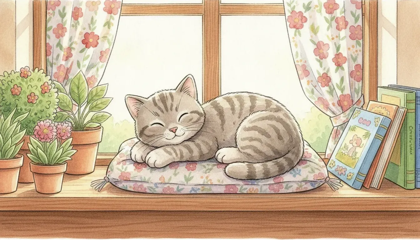 Plüsch-Katze liegt als Aquarell-Held auf einer Fensterbank voller Blumentöpfe