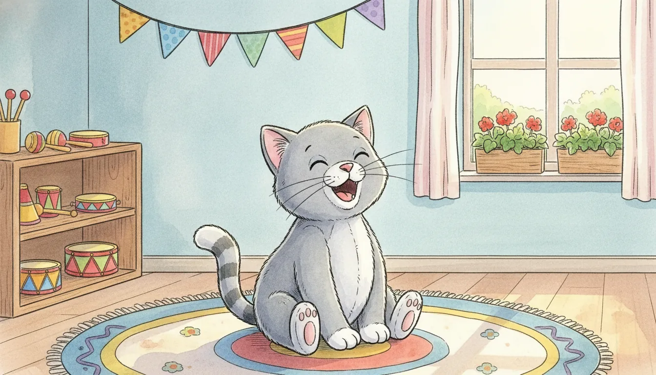 Plüsch-Katze sitzt im Morgenkreis auf einem runden Teppich im Kindergarten, Aquarell-Illustration