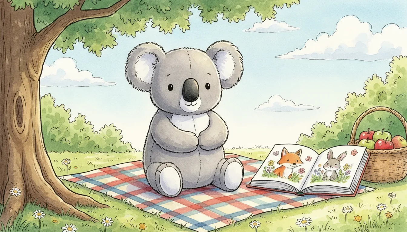 Plüsch-Koala sitzt auf einer weichen Decke unter einem Baum im sonnigen Garten, Aquarell-Illustration