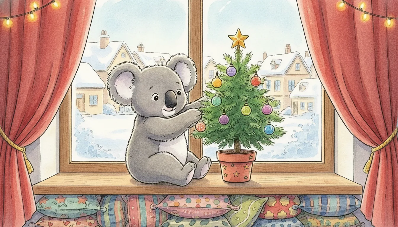 Plüschkoala schmückt auf einer Fensterbank einen kleinen Tannenbaum, Aquarell-Illustration