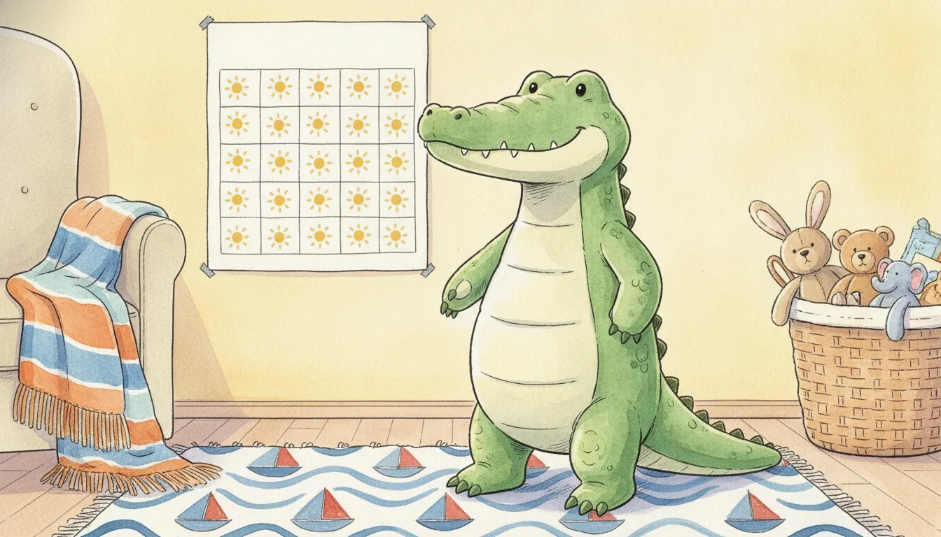 Plüsch-Krokodil als Aquarell-Held vor einem Wandkalender mit gemalten Sonnen im Kinderzimmer