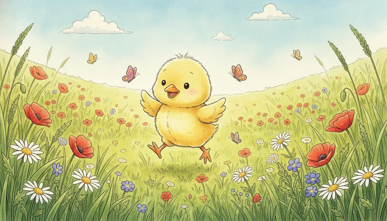 Flauschiges Plüsch-Küken als Aquarell-Held auf einer sonnigen Blumenwiese