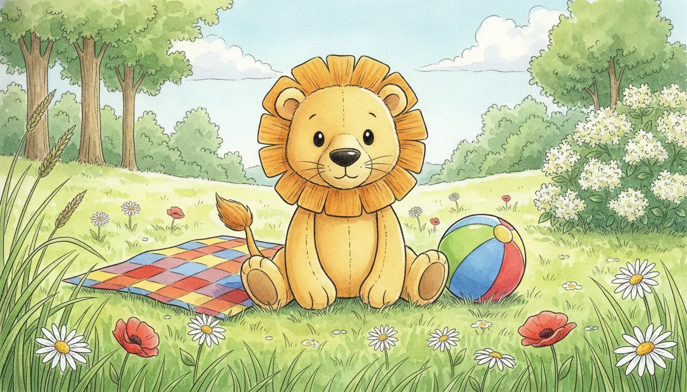 Plüsch-Löwe sitzt am Rand einer sonnigen Wiese neben einer Picknickdecke und einem bunten Ball, Aquarell-Illustration