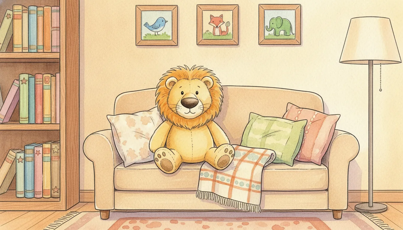 Plüsch-Löwe als Aquarell-Held sitzt zwischen Kissen auf einem Sofa in einer gemütlichen Vorleseecke