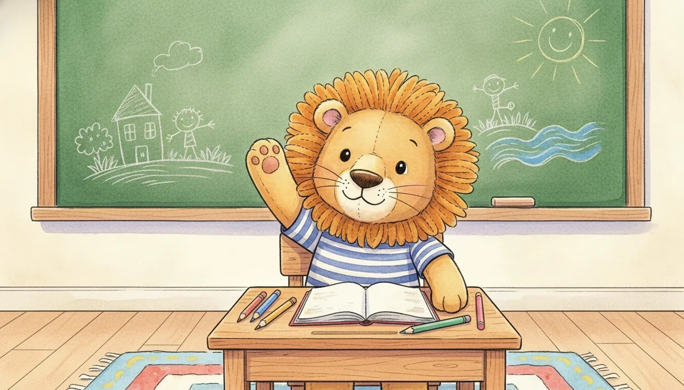 Stoff-Löwe meldet sich im Klassenzimmer, Aquarell-Illustration