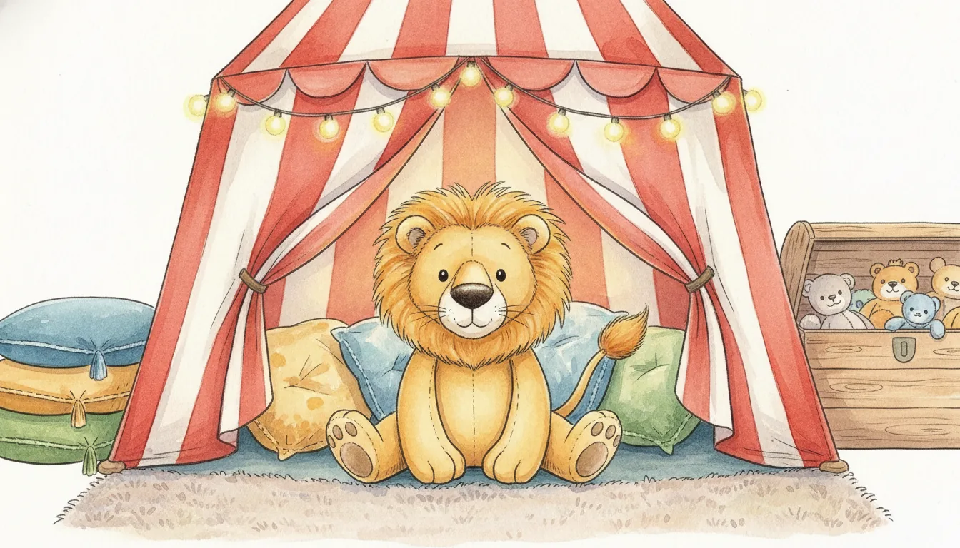 Plüsch-Löwe sitzt zwischen Kissen in einem bunten Spielzelt, Aquarell-Illustration