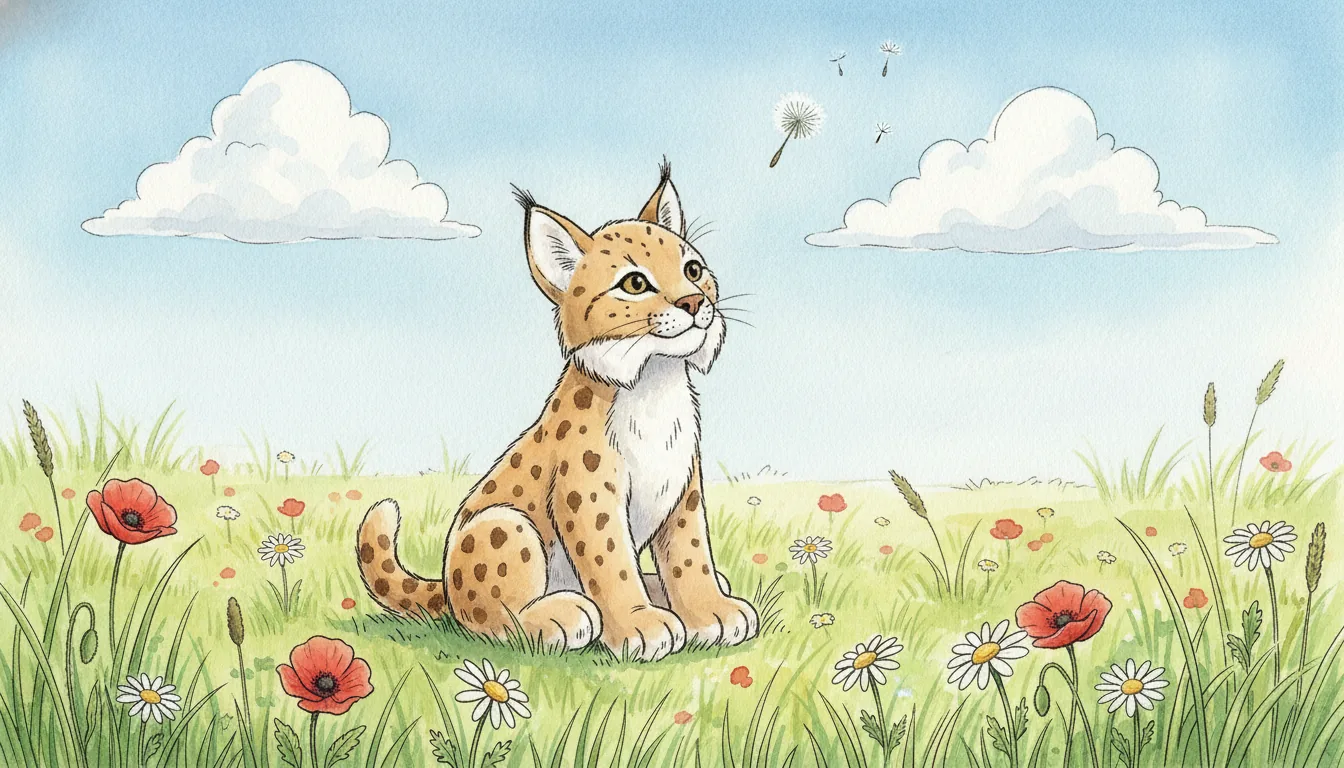 Plüsch-Luchs als Aquarell-Held auf einer sonnigen Wiese mit Pusteblumen
